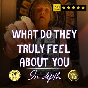 以下が含まれることがあります： 「WHAT DO THEY TRULY FEEL ABOUT YOU」と「In-depth」のテキストが入ったタロットカードリーディングの画像。カードは白黒のイラストです。画像には5つ星の評価と「24h OPEN」バッジが含まれています。