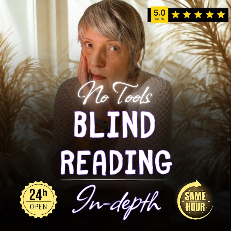 Może przedstawiać: Obraz przedstawiający kobietę z kr&oacute;tkimi, siwymi włosami, z tekstem "No Tools BLIND READING In-depth" w stylizowanej czcionce. Obraz zawiera r&oacute;wnież ocenę 5 gwiazdek i symbol otwarcia 24h.