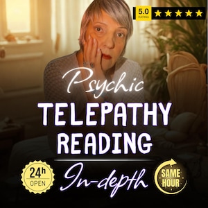 Könnte beinhalten: Ein Bild, das Wahrsagerdienste bewirbt. Der Text lautet "Psychic Telepathy Reading" mit den Zusätzen "In-depth" und "Same Hour". Eine Frau ist abgebildet, mit einer 5-Sterne-Bewertung.