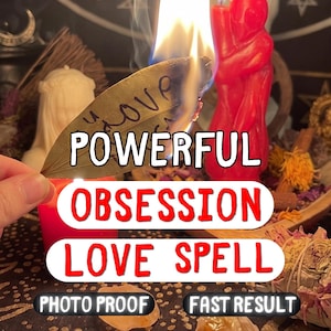 May include: A burning bay leaf with the word "love" written on it, held near a red candle. The text "POWERFUL OBSESSION LOVE SPELL" is overlaid on the image, with additional text "PHOTO PROOF" and "FAST RESULT".