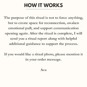 Pode incluir: Fundo branco com texto preto que diz "HOW IT WORKS". O texto explica o prop&oacute;sito de um ritual, focando na reconex&atilde;o e no apoio emocional. Tamb&eacute;m menciona um relat&oacute;rio de ritual e orienta&ccedil;&atilde;o.