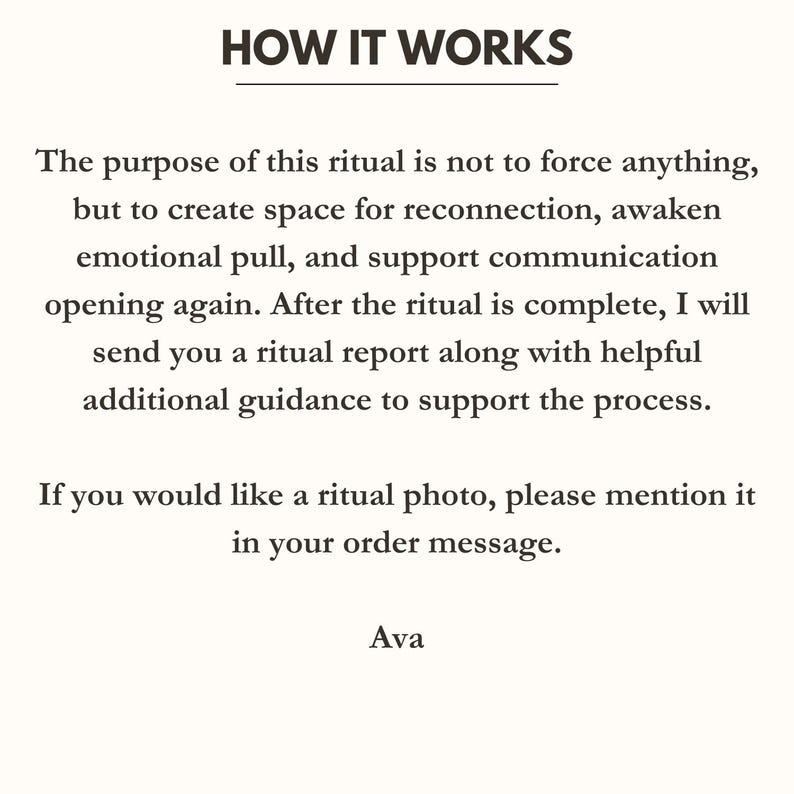 Pode incluir: Fundo branco com texto preto que diz "HOW IT WORKS". O texto explica o prop&oacute;sito de um ritual, focando na reconex&atilde;o e no apoio emocional. Tamb&eacute;m menciona um relat&oacute;rio de ritual e orienta&ccedil;&atilde;o.
