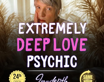 Może przedstawiać: Obraz kobiety z siwymi włosami, z tekstem "EXTREMELY DEEP LOVE PSYCHIC" w kolorze białym i różowym. Dodatkowy tekst zawiera "24h OPEN", "In-depth" i "SAME HOUR". Wyświetlana jest ocena 5.0.