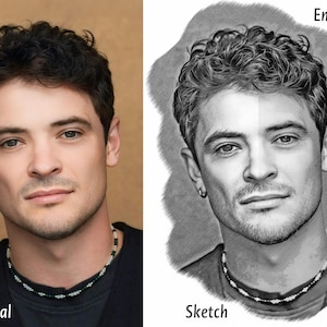 Könnte beinhalten: Ein geteiltes Bild, das ein Porträt und eine Skizze zeigt. Das Porträt zeigt einen Mann mit dunklem, lockigem Haar und einer Halskette. Die Skizze ist eine Schwarz-Weiß-Gravur desselben Mannes. Die Wörter "Original", "Engraving" und "Sketch" sind vorhanden.