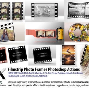 May include: A selection of filmstrip photo frame Photoshop actions. The image displays diverse filmstrip designs, including horizontal, vertical, and circular frames. The frames are designed to hold photos, with examples of images within the frames. The text says "Filmstrip Photo Frames Photoshop Actions".