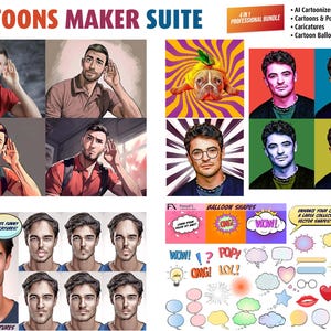 May include: A promotional image for a "Cartoons Maker Suite" featuring various cartoon styles. It includes AI cartoonizer examples, pop art, caricatures, and vector shapes. The image showcases cartoon portraits, a dog in pop art style, and speech bubbles.