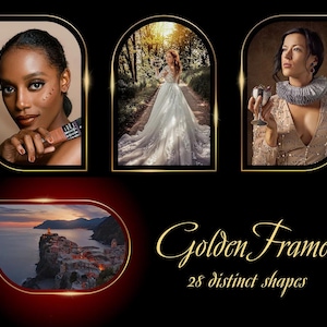 May include: A black background with four images in golden frames. The images include a woman holding a makeup product, a bride in a white dress, a woman holding a glass, and a coastal landscape. Text reads "Golden Frames, 28 distinct shapes."
