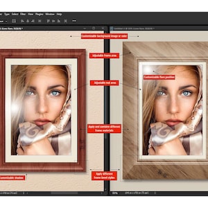 May include: Two framed portraits side-by-side, demonstrating different frame styles. The portraits feature a woman with blue eyes and blonde hair. One frame is dark brown, the other is light brown with a textured appearance. Text labels indicate customisable features.