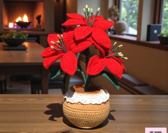 Crochet Pattern for Poinsettia Flowers in Pot: PDF File Download