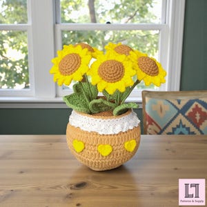 鉢植えのひまわりの花束のかぎ針編みパターン：PDFダウンロード、パーソナライズされたGIF