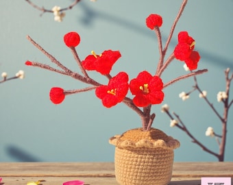 Pflaumenblüte Häkelanleitung PDF, Amigurumi Blumentopf, gehäkelte Pflanzendeko