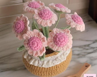Patrón PDF de crochet: Ramo de margaritas en maceta, ideal para principiantes