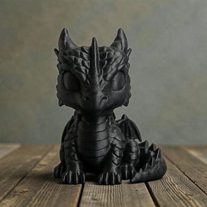 Puede incluir: Figura de dragón negro con escamas, cuernos y alas detalladas. El dragón está sentado sobre una superficie de madera. La figura tiene un diseño estilizado, con ojos grandes y un aspecto texturizado.