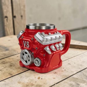 Könnte beinhalten: Eine rote Tasse in Form eines V8-Motors mit silbernen Akzenten. Die Tasse hat einen Edelstahl-Innenraum und einen Griff. Das Design umfasst Zahnräder und die Markierung "V8", wodurch ein einzigartiges Automobilthema entsteht.