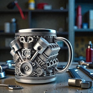Könnte beinhalten: Eine silberfarbene Tasse mit detailliertem Motorblock-Design. Die Tasse zeigt Kolben, ein V8-Emblem und andere mechanische Komponenten. Der Griff ist einfach und gebogen. Die Tasse steht auf einer Werkbank mit Werkzeugen.