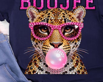 Boujee léopard PNG | Léopard avec strass et lunettes roses | Design tendance par sublimation | Téléchargement numérique Fashionista