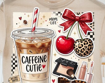 Caféine Cutie PNG, Iced Coffee Girl, Coquette Cherry Bow Design (Téléchargement numérique)