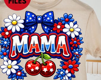 Patriotic Mama PNG, Coquette Bow Cherry Design, Floral 4 juillet (téléchargement numérique)