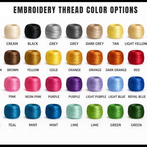 Puede incluir: Imagen que muestra opciones de color de hilo de bordar. El texto en la parte superior dice "OPCIONES DE COLOR DE HILO DE BORDADO". Los colores incluyen blanco, crema, negro, gris, gris oscuro, marrón, amarillo, dorado, naranja, rojo, granate, rosa, morado, azul y verde.