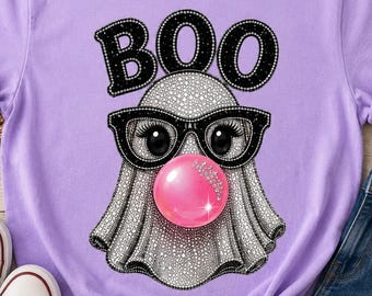Fantôme Boo PNG | Fantôme à strass avec lunettes PNG | Fantôme mignon d'Halloween PNG | Fantôme rose bonbon | Design de sublimation pour la saison d'Halloween