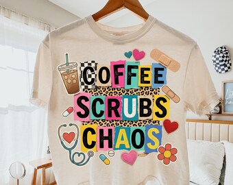Infirmière rétro collage PNG, Coffee Scrubs Chaos Design (téléchargement numérique)