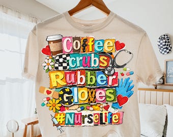 Nurse Life PNG, Coffee Scrubs Gants, Collage rétro graphique (Téléchargement numérique)