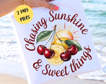 Chasing Sunshine PNG, design d'été cerise citron, graphique de fruits vintage (téléchargement numérique)
