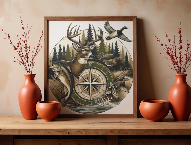 Rustic Wildlife Compass PNG, Deer Duck Fish Design (digital Download ...
