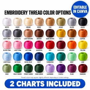 May include: A digital chart displaying forty embroidery thread colour options arranged in a grid, each labelled with its colour name. The text reads EMBROIDERY THREAD COLOUR OPTIONS, EDITABLE IN CANVA, and 2 CHARTS INCLUDED, with a disclaimer about screen settings.