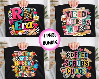 Infirmière PNG Bundle, Retro Collage RN, Coffee Scrubs Chaos, Fatigué Club (téléchargement numérique)