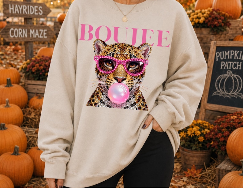 Boujee léopard PNG | Léopard avec strass et lunettes roses | Design tendance par sublimation | Téléchargement numérique Fashionista image 5