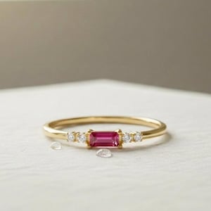 14K Solid Gold Ruby Ring – Emerald Cut Ruby with Diamond Accent – Fine Minimal Jewelry for Women