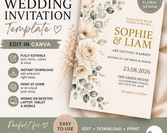 Editable Floral Wedding Invitation Template, Minimalist Canva Design (Instant Download)