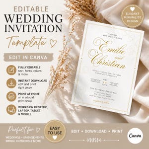 May include: An editable wedding invitation template with the text "Emilie and Christian" in gold script. The design includes floral accents and the text "Edit in Canva". The invitation is designed for weddings, engagements, and bridal showers.