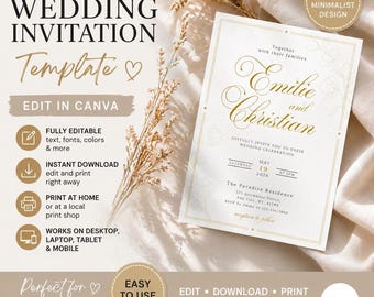 Editable Wedding Invitation Template Canva, Minimalist Elegant Invite, Neutral 5x7 Printable, Instant Download