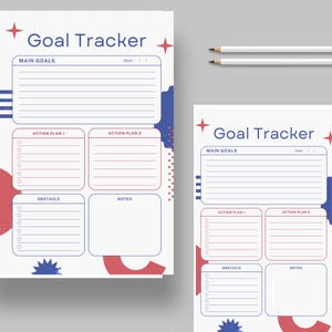 May include: Two white sheets of paper with a "Goal Tracker" title in blue. The sheets have sections for main goals, action plans, obstacles, and notes. Red and blue abstract shapes and starbursts decorate the pages. Two white pencils are on the right.