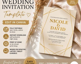 Editable Wedding Invitation Template, Gold Geometric Canva Invite, Modern Minimalist, Instant Download