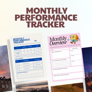 May include: Two sheets of paper with the text "MONTHLY PERFORMANCE TRACKER" and "Monthly Overview". The first sheet is white with blue text and a table. The second sheet is pink with a cartoon cube character.