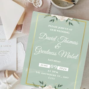 May include: A mint green wedding invitation with gold trim and floral accents. The invitation reads "Please join us at our wedding" and lists the names David Thomas & Greatness Mabel, the date June 09, 2024, and the time and location.