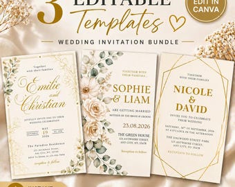 Editable Floral Minimal Elegant Wedding Invitation Bundle (3 Canva Templates)