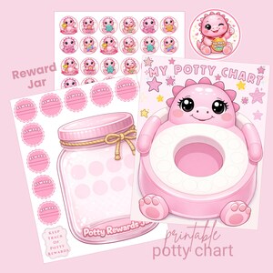 Könnte beinhalten: Ein Set rosa Töpfchentrainingshilfen mit Dinosaurier-Motiv. Enthält einen Töpfchenstuhl, ein Belohnungsglas und Aufkleber mit Dinosaurier-Illustrationen. Text enthält "My Potty Chart" und "Potty Rewards Jar".