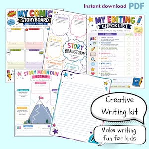 Può includere: Un kit di scrittura creativa colorato per bambini, con uno storyboard a fumetti, brainstorming di storie, una mappa della trama e una lista di controllo per la modifica. Il kit include il testo "Creative Writing kit" e "Make writing fun for kids".