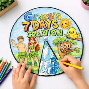 Puede incluir: Una colorida ilustración circular titulada "Génesis 7 Días de la Creación". La obra de arte representa a Adán y Eva, un sol, un pollito y un mono. Una mano está coloreando la ilustración con un lápiz amarillo. La imagen está diseñada para fines educativos o religiosos.
