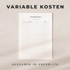 Puede incluir: Un papel blanco con el título "Variable Kosten" y las palabras "Ausgaben im Überblick" en la parte inferior. El papel tiene una tabla con columnas para fecha, descripción e importe, diseñada para el seguimiento de gastos.