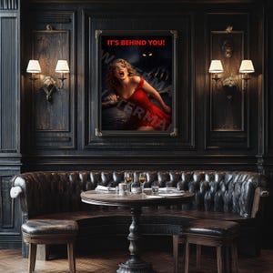 Könnte beinhalten: Ein gerahmtes Poster mit dem Text "IT'S BEHIND YOU!" zeigt eine Frau in einem roten Kleid, die von einer schattenhaften Gestalt verfolgt wird. Das Poster hängt über einem runden Tisch und einer Lederbank in einem schwach beleuchteten Raum.
