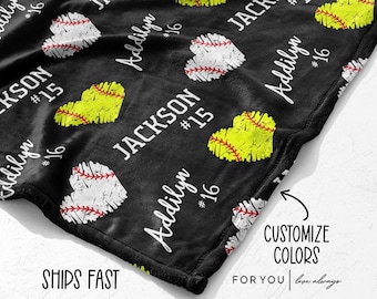 Custom Baseball and Softball Pattern Blanket - Personalized Colors, Name, Cozy Throw