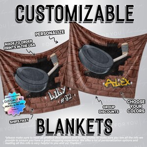 May include: Customizable blankets featuring a hockey puck and stick design, set against a brick wall background. The blankets are personalized with names and numbers. The text on the image says "CUSTOMIZABLE BLANKETS".