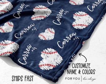 Custom Baseball Heart Pattern Blanket - Personalized Colors, Name, Cozy Throw