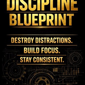 May include: A motivational poster with the words "DISCIPLINE BLUEPRINT" in gold lettering on a black background. Below, it reads "DESTROY DISTRACTIONS. BUILD FOCUS. STAY CONSISTENT." with a blueprint design.
