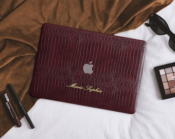 Deep Burgundy Crocodile Personalized Leather MacBook Case for 2026 Neo, MacBook M5 Air 13/15 Inch, MacBook Pro 13 14 15 16 Laptop Cover